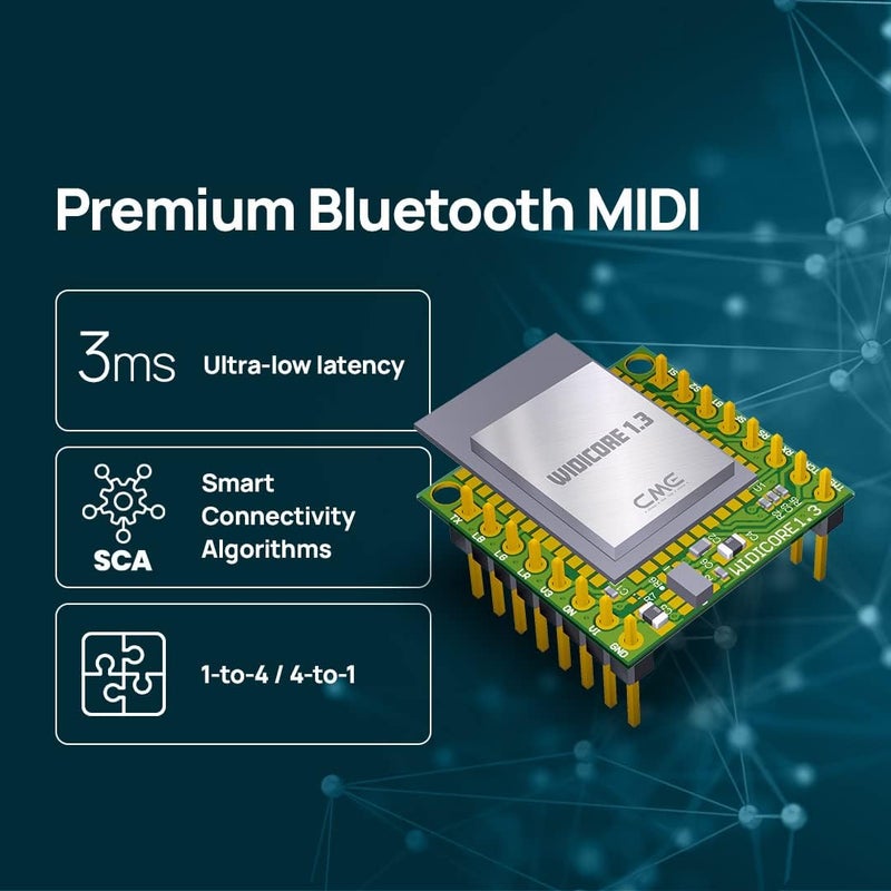 C M E WIDI Core - Smart (BLE) breakout board that implements premium MIDI over Bluetooth Low Energy as developed by with onboard PCB antenna and populated pin header - Image 3
